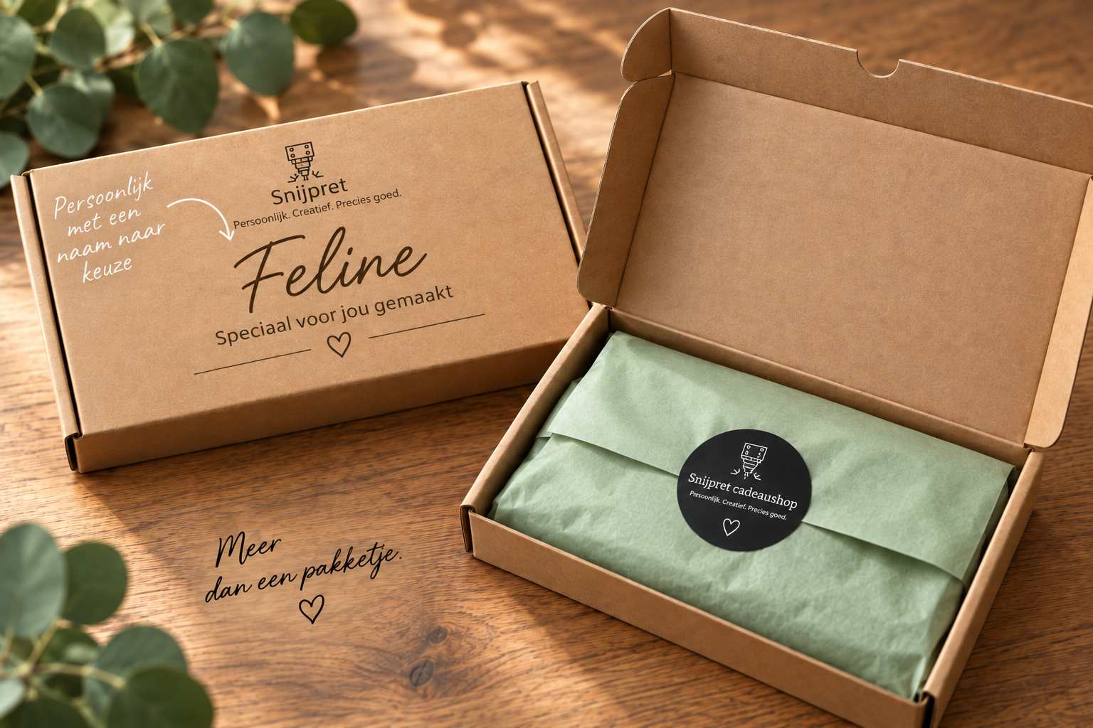 Persoonlijke Snijpret cadeauverpakking met naam, kraft doos en lichtgroen vloeipapier