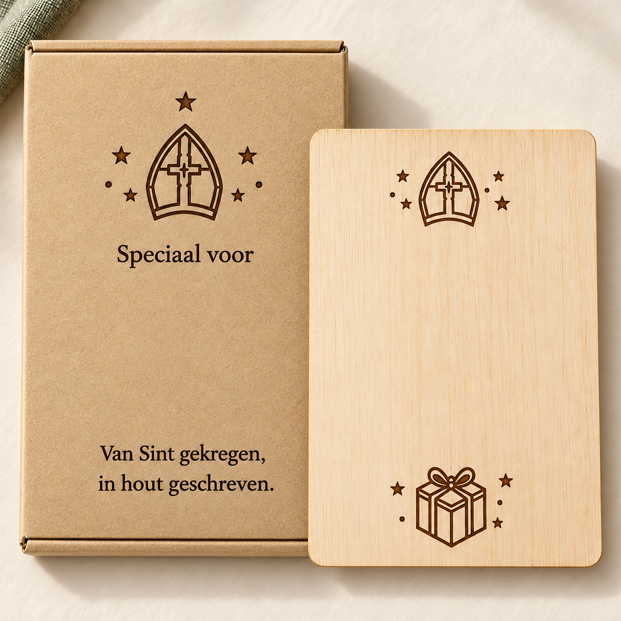 Persoonlijk sinterklaasgedicht op hout met gepersonaliseerde geschenkdoos (leeg)